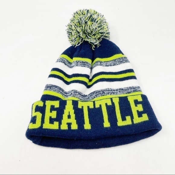 SEATTLE Blue Green White Unisex Beanie Intarsia Knit Pom Pom 100% Acrylic - Picture 1 of 5